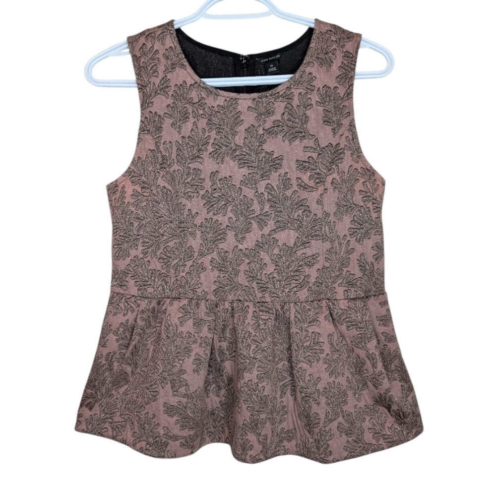 Ann Taylor Sleeveless Shimmer Leaf Peplum Shell Top Women XS Copper Rose Gold